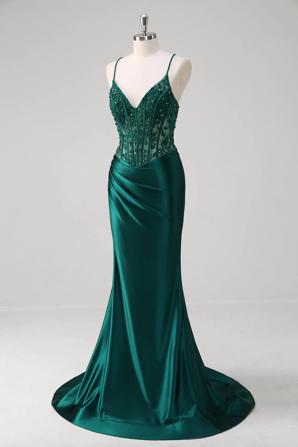 Robe longue de bal corset plissé à sequins sirène vert foncé avec lacets dans le dos - Image 3