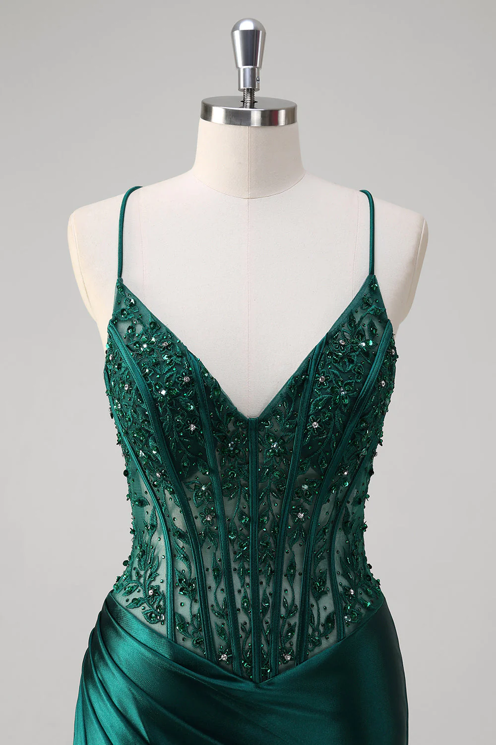 Robe longue de bal corset plissé à sequins sirène vert foncé avec lacets dans le dos - Image 4