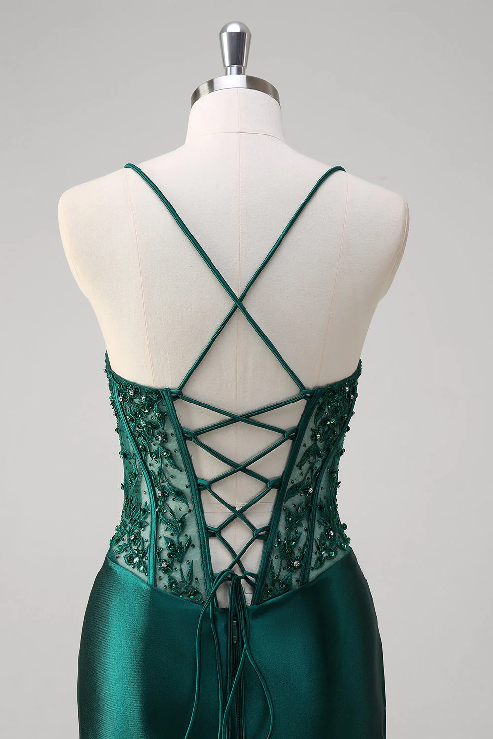Robe longue de bal corset plissé à sequins sirène vert foncé avec lacets dans le dos - Image 5