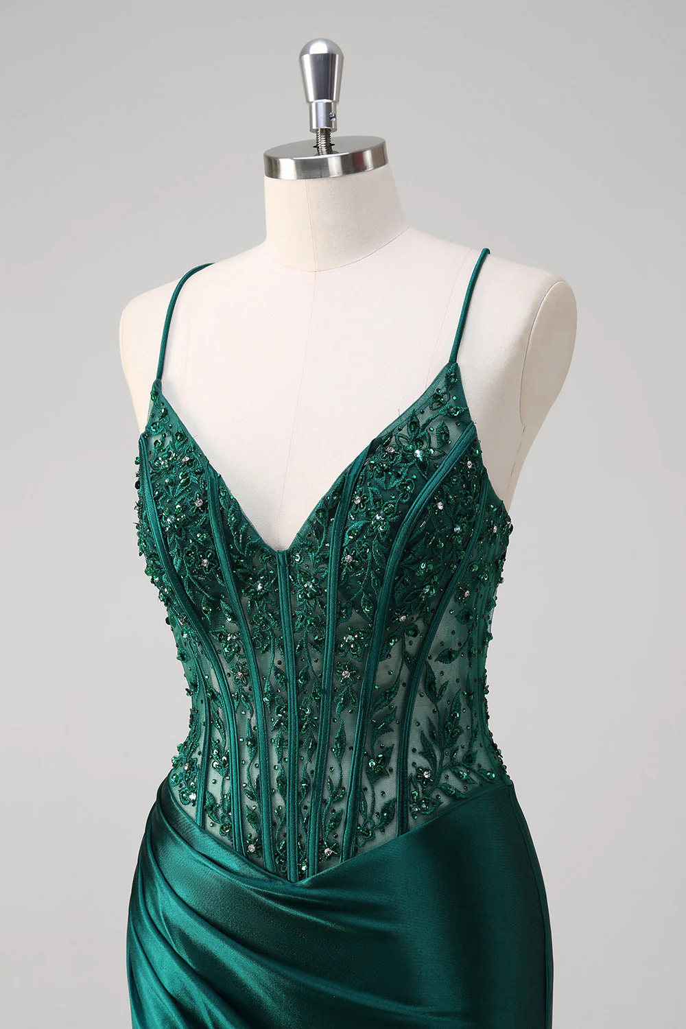 Robe longue de bal corset plissé à sequins sirène vert foncé avec lacets dans le dos - Image 6