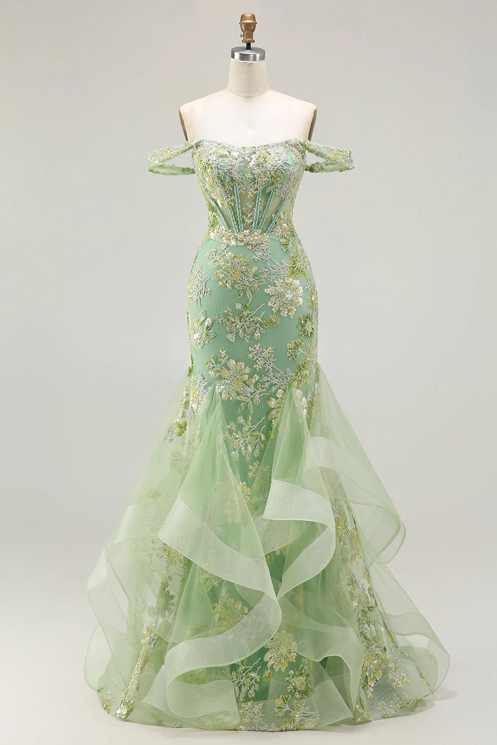 Robe longue de bal de bal à bals vert sirène perlée perlée et applique, longue robe de bal avec volants