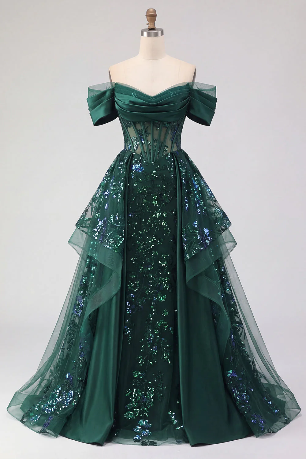 Robe longue de bal de bal à paillettes vert foncé étincelante en ligne en A décollée sur l’épaule, corset à fronçages