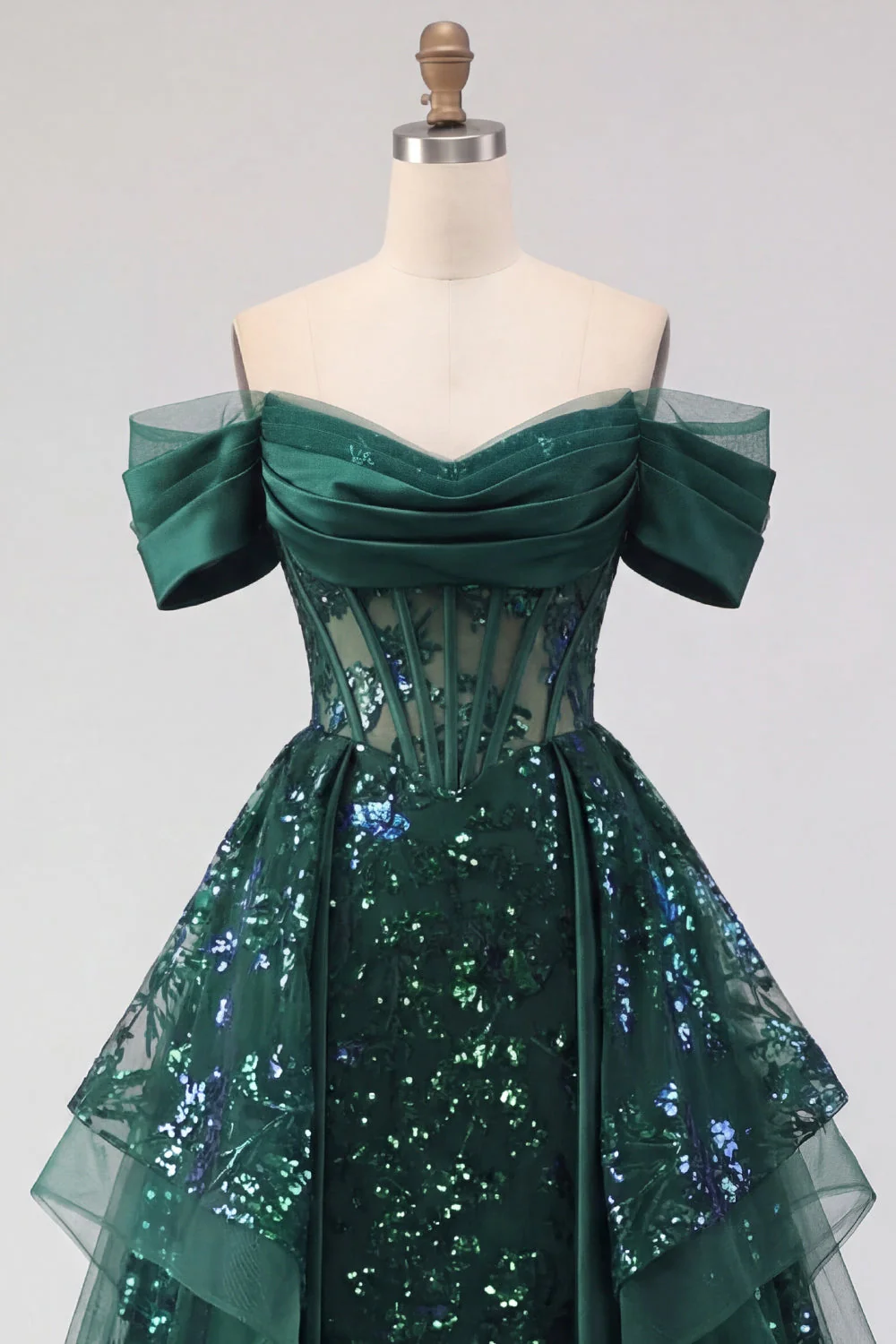 Robe longue de bal de bal à paillettes vert foncé étincelante en ligne en A décollée sur l’épaule, corset à fronçages - Image 5