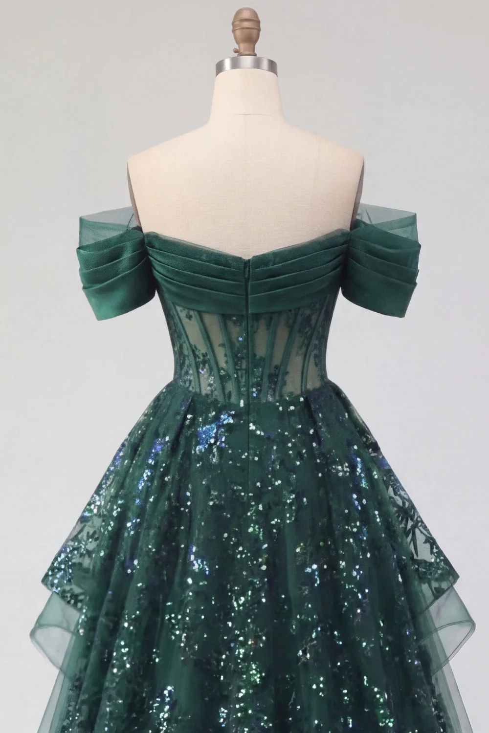 Robe longue de bal de bal à paillettes vert foncé étincelante en ligne en A décollée sur l’épaule, corset à fronçages - Image 6