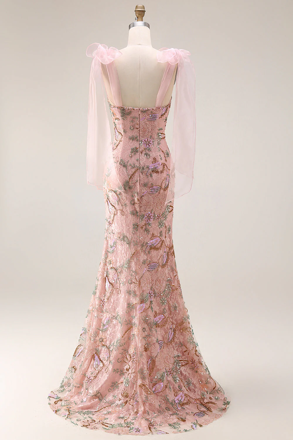 Robe longue de bal de bal ajustée en perles à paillettes, fleurie, avec des nœuds sur les épaules - Image 2