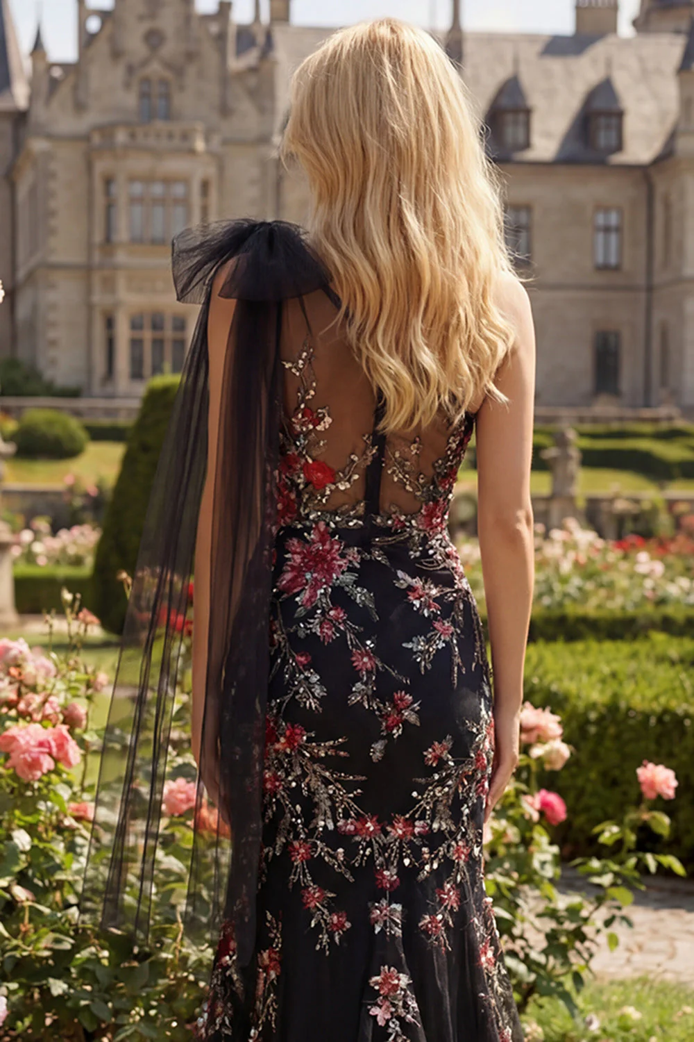 Robe longue de bal de bal avec paillettes en sirène noire à une épaule et nœud papillon - Image 5