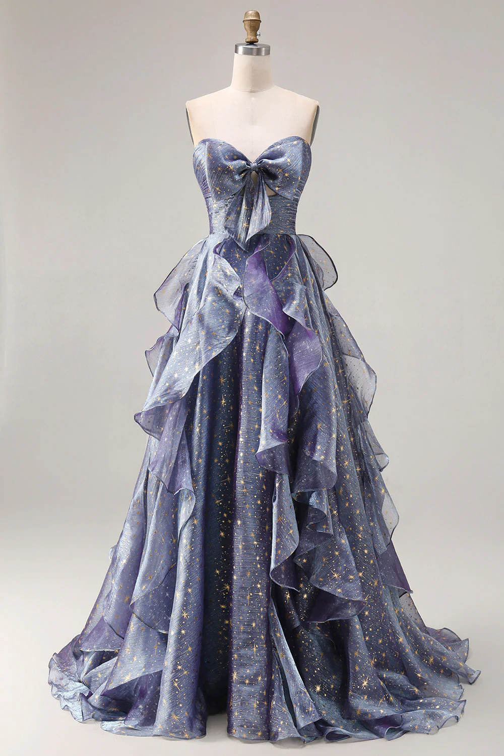 Robe longue de bal de bal bleu poussiéreux bretelière, sans bretelles florales à volants, avec dentelle dans le dos