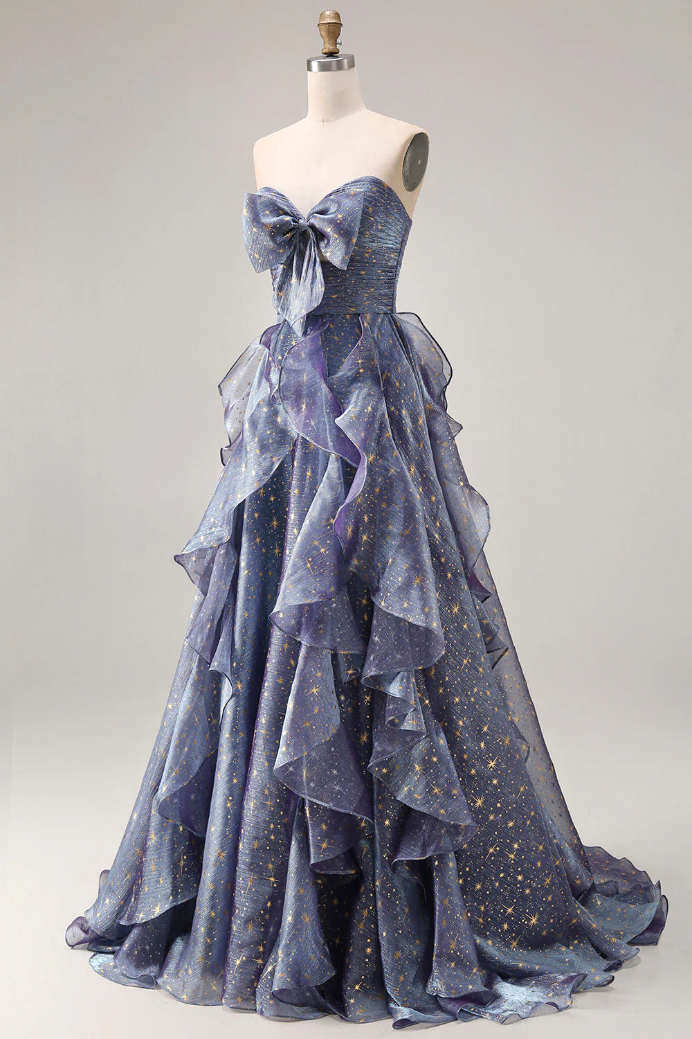Robe longue de bal de bal bleu poussiéreux bretelière, sans bretelles florales à volants, avec dentelle dans le dos - Image 3