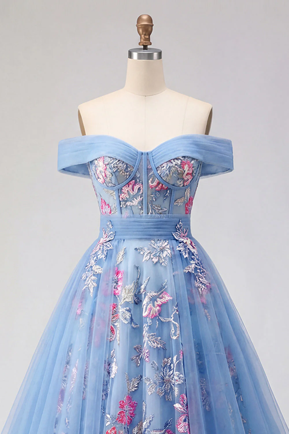 Robe longue de bal de bal bleue à épaules décalées A Line Appliqué - Image 6