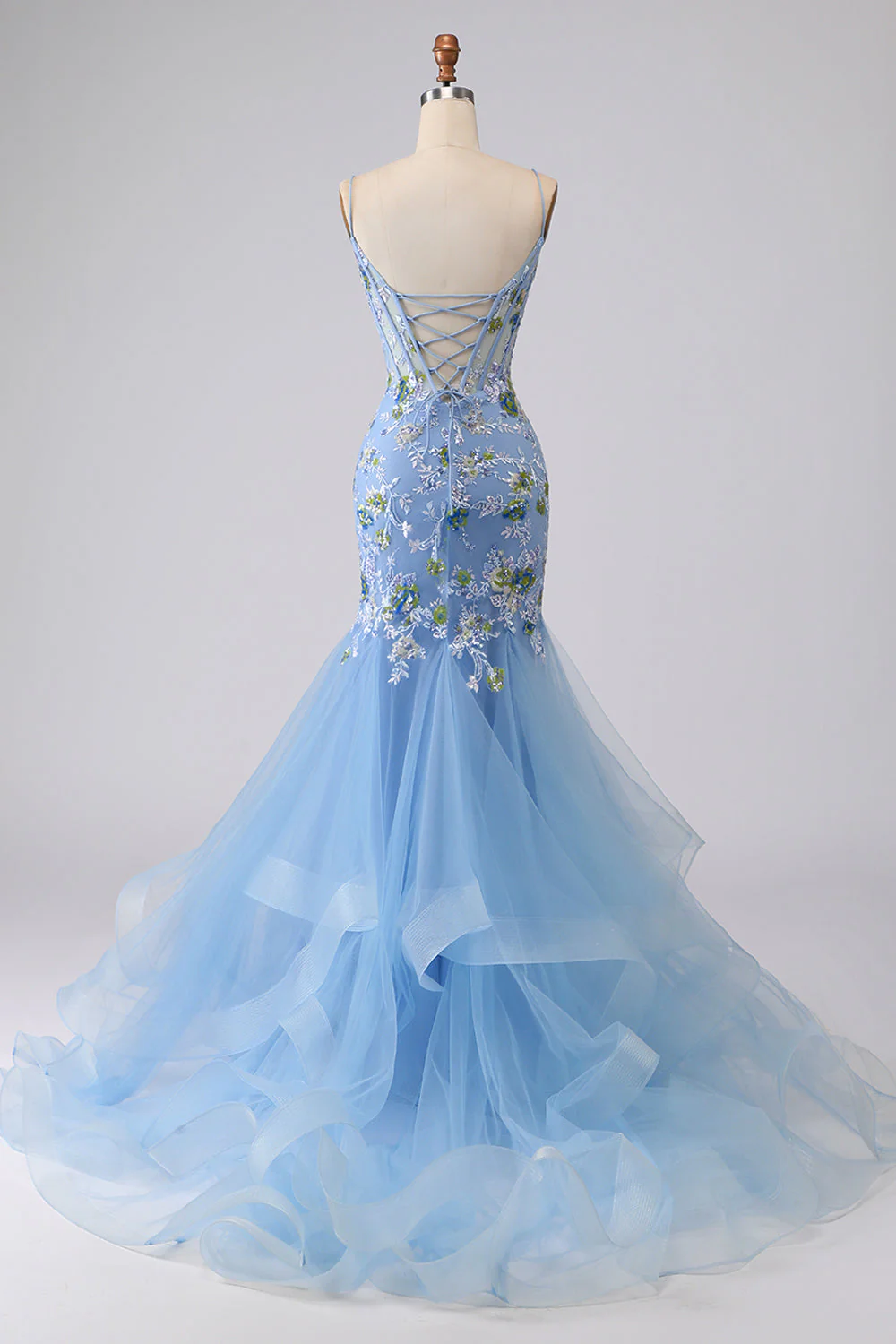 Robe longue de bal de bal brodée en corset bleu transparent avec dentelle dans le dos - Image 2