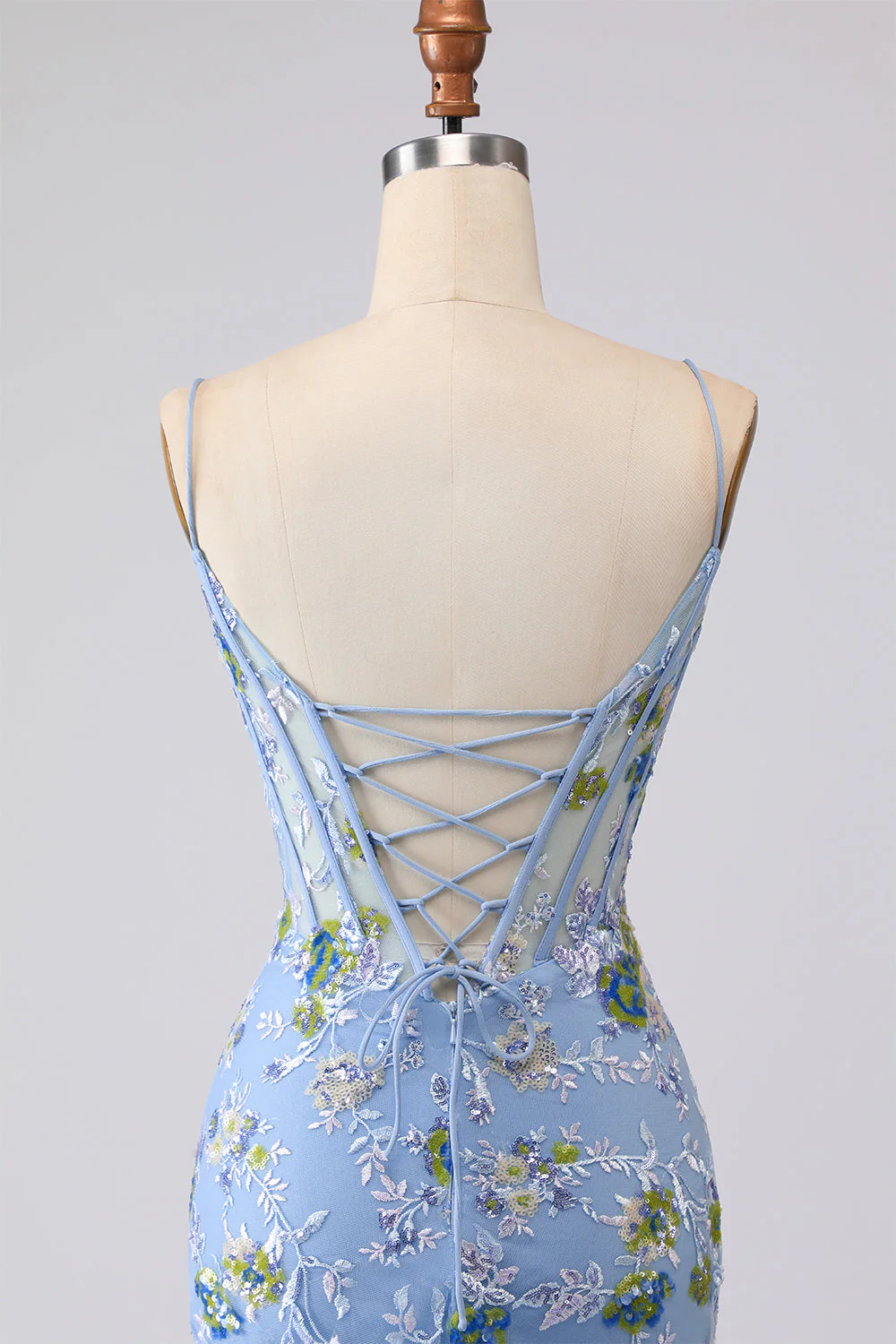 Robe longue de bal de bal brodée en corset bleu transparent avec dentelle dans le dos - Image 5
