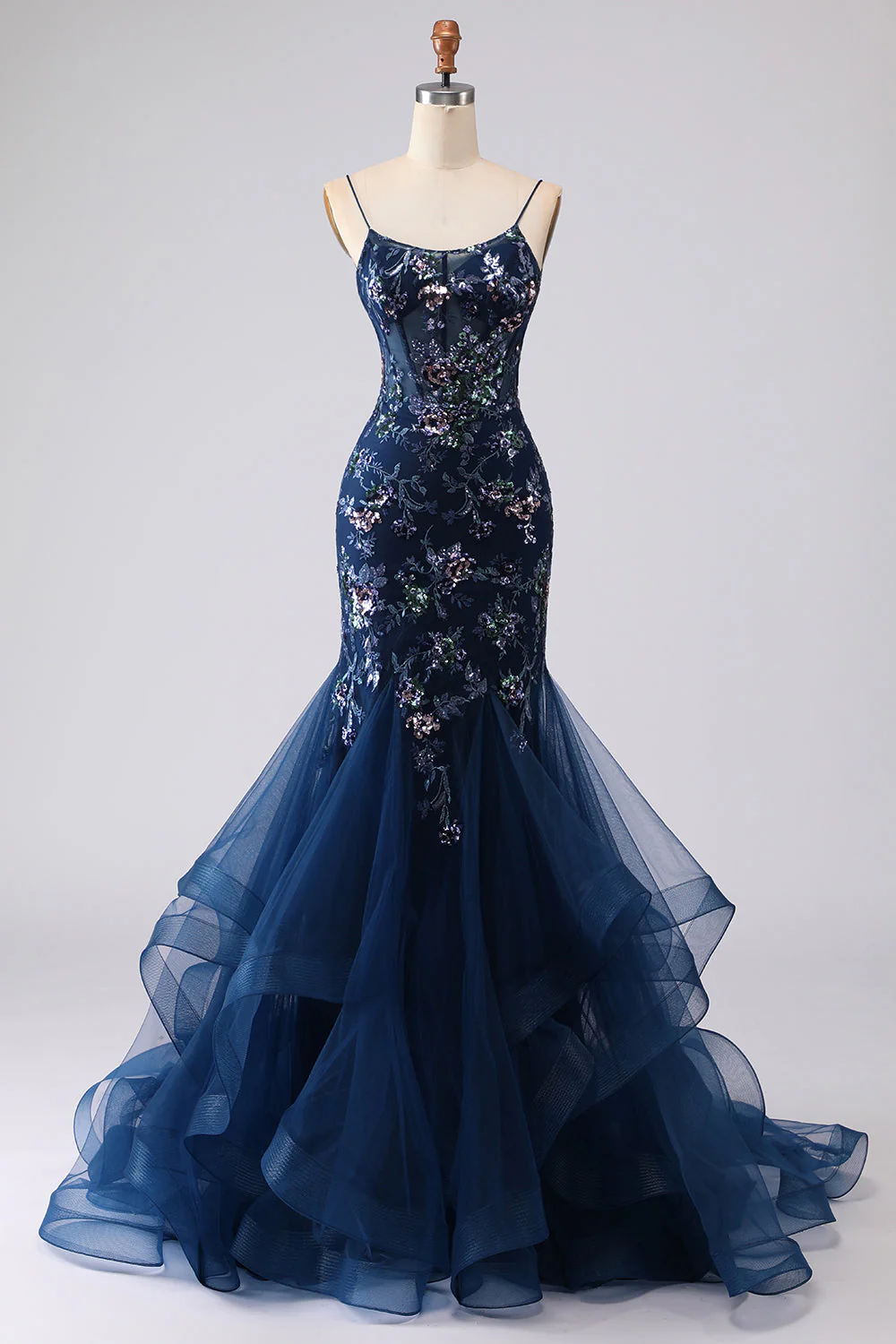 Robe longue de bal de bal brodée en corset bleu transparent avec dentelle dans le dos - Image 7