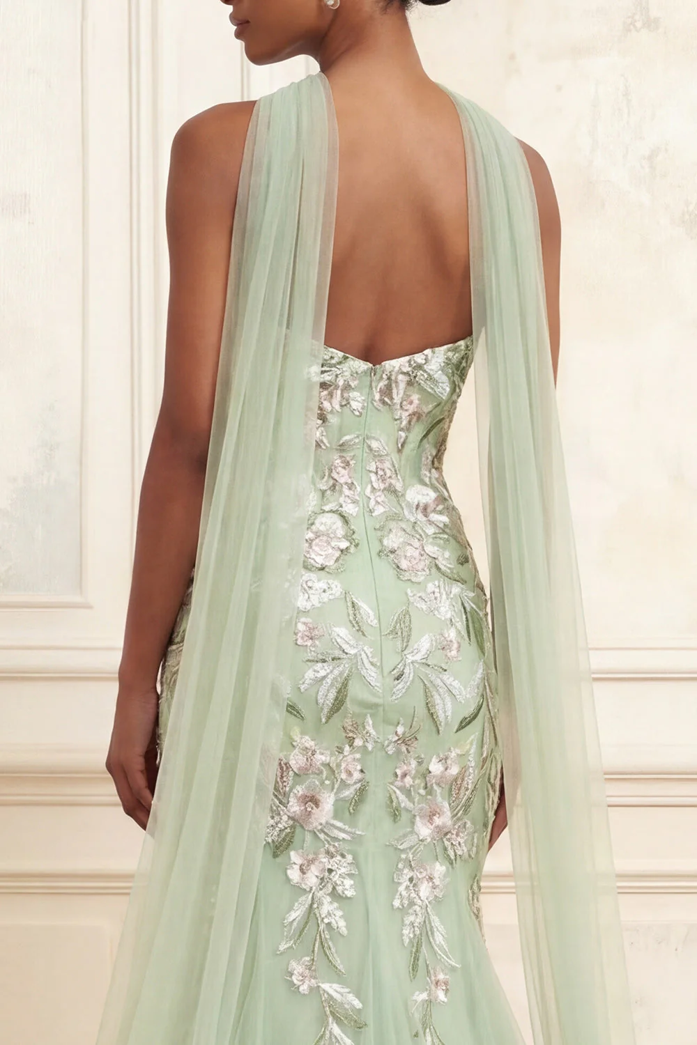 Robe longue de bal de bal brodée en sauge poussiéreuse s’est démoinée de sequins en tulle - Image 4