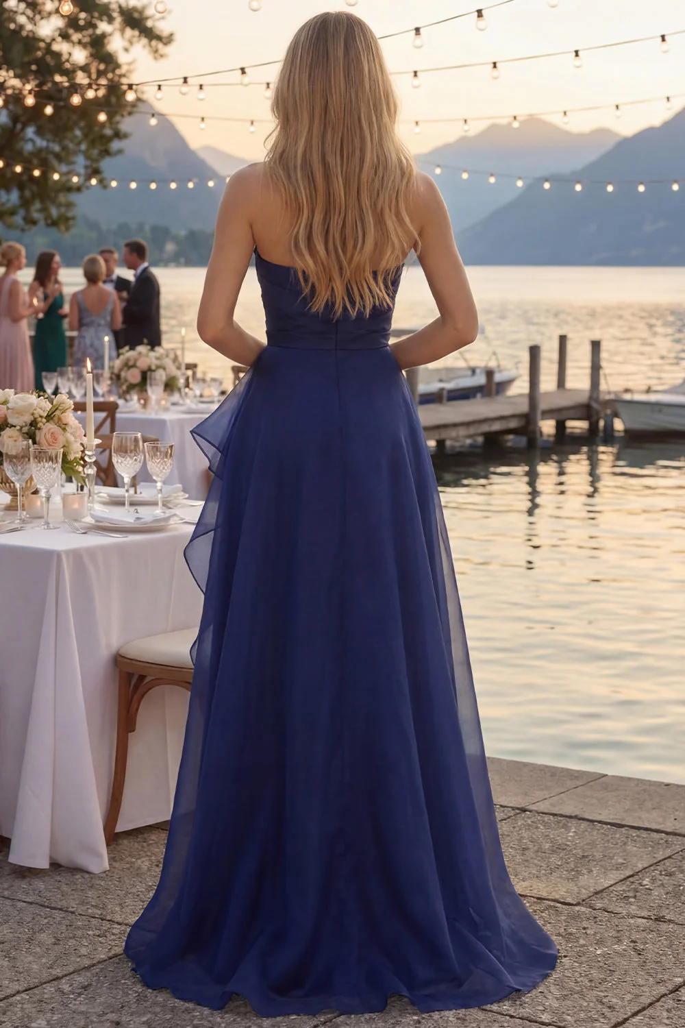 Robe longue de bal de bal, bustier bleu marine à volants, rentrée, longue robe de bal avec fente en tulle - Image 2