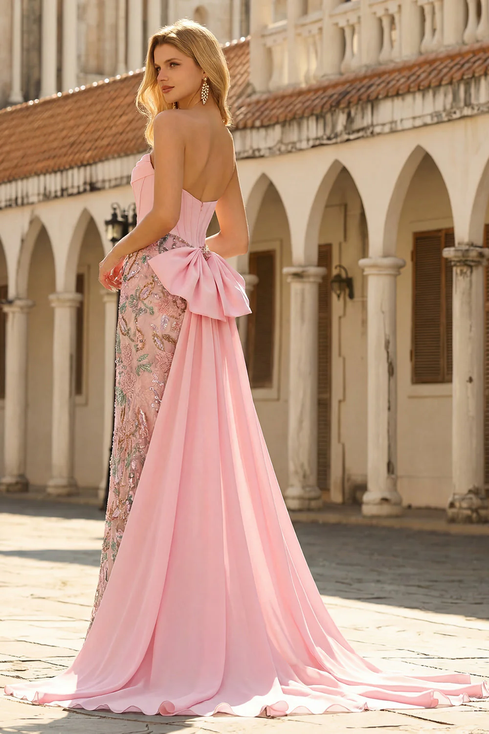 Robe longue de bal de bal de sirène à taille basque applique, rose scintillant - Image 5
