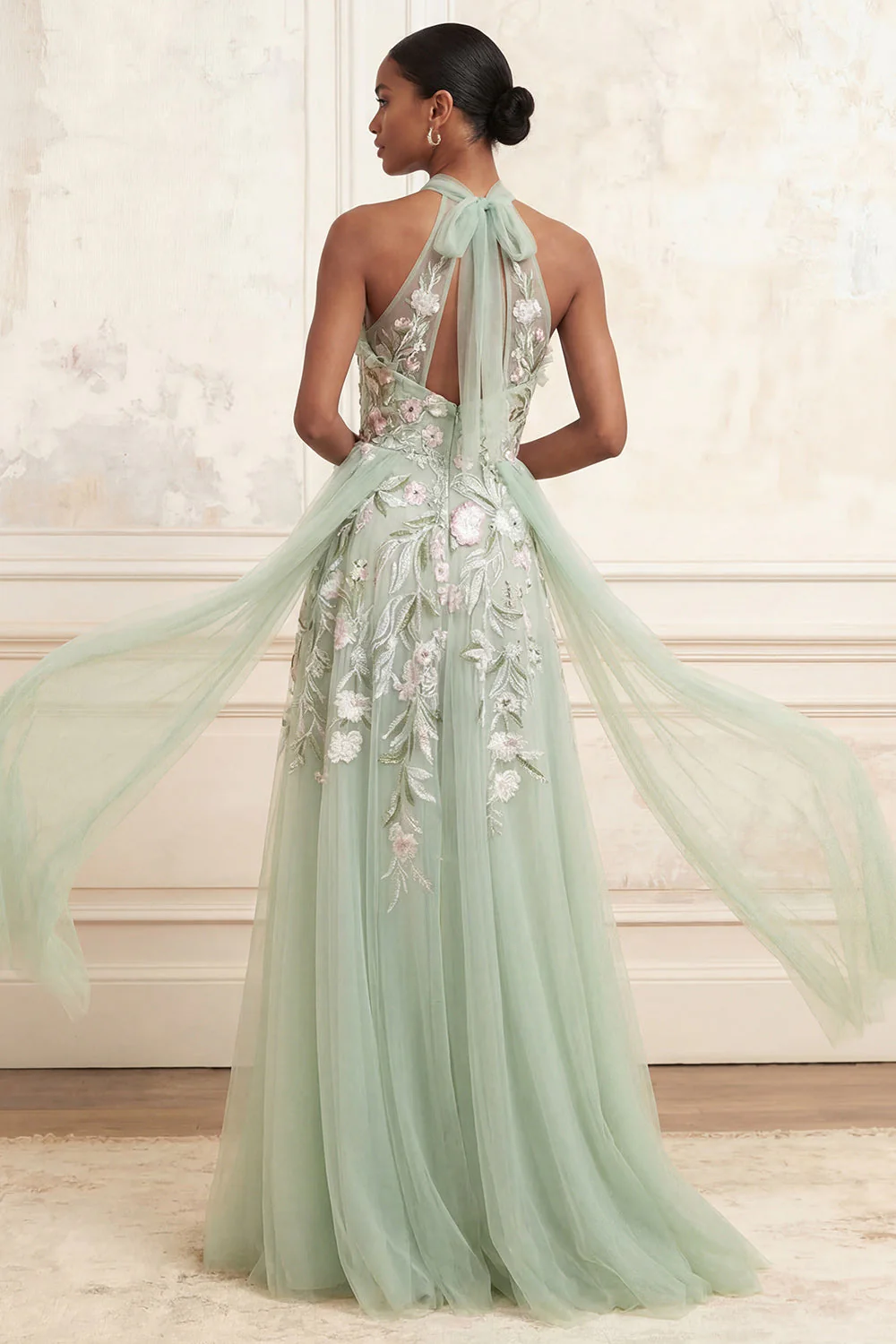 Robe longue de bal de bal en sauge poussiéreuse en ligne A, paillettes brodées en tulle - Image 2