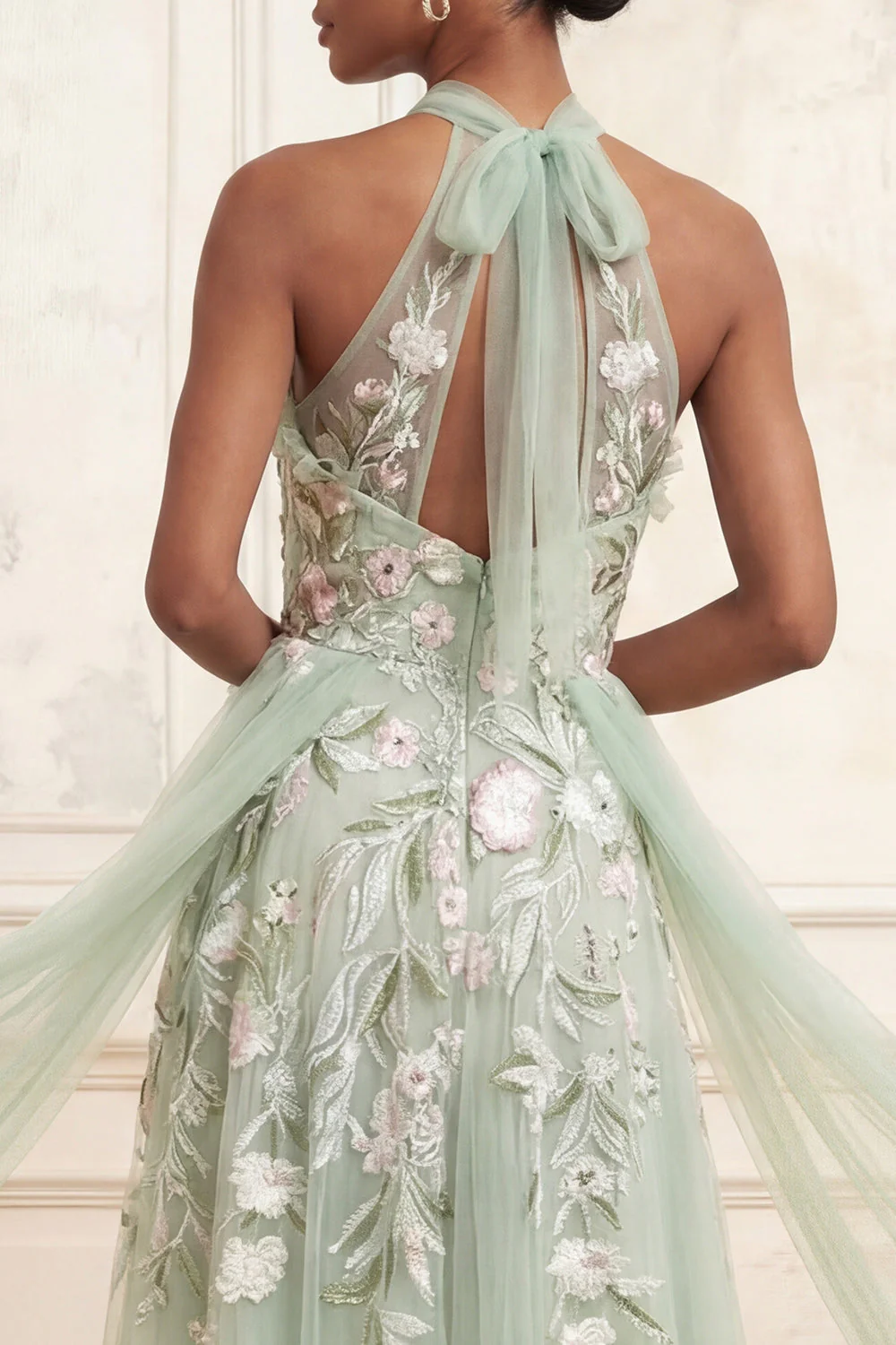 Robe longue de bal de bal en sauge poussiéreuse en ligne A, paillettes brodées en tulle - Image 4