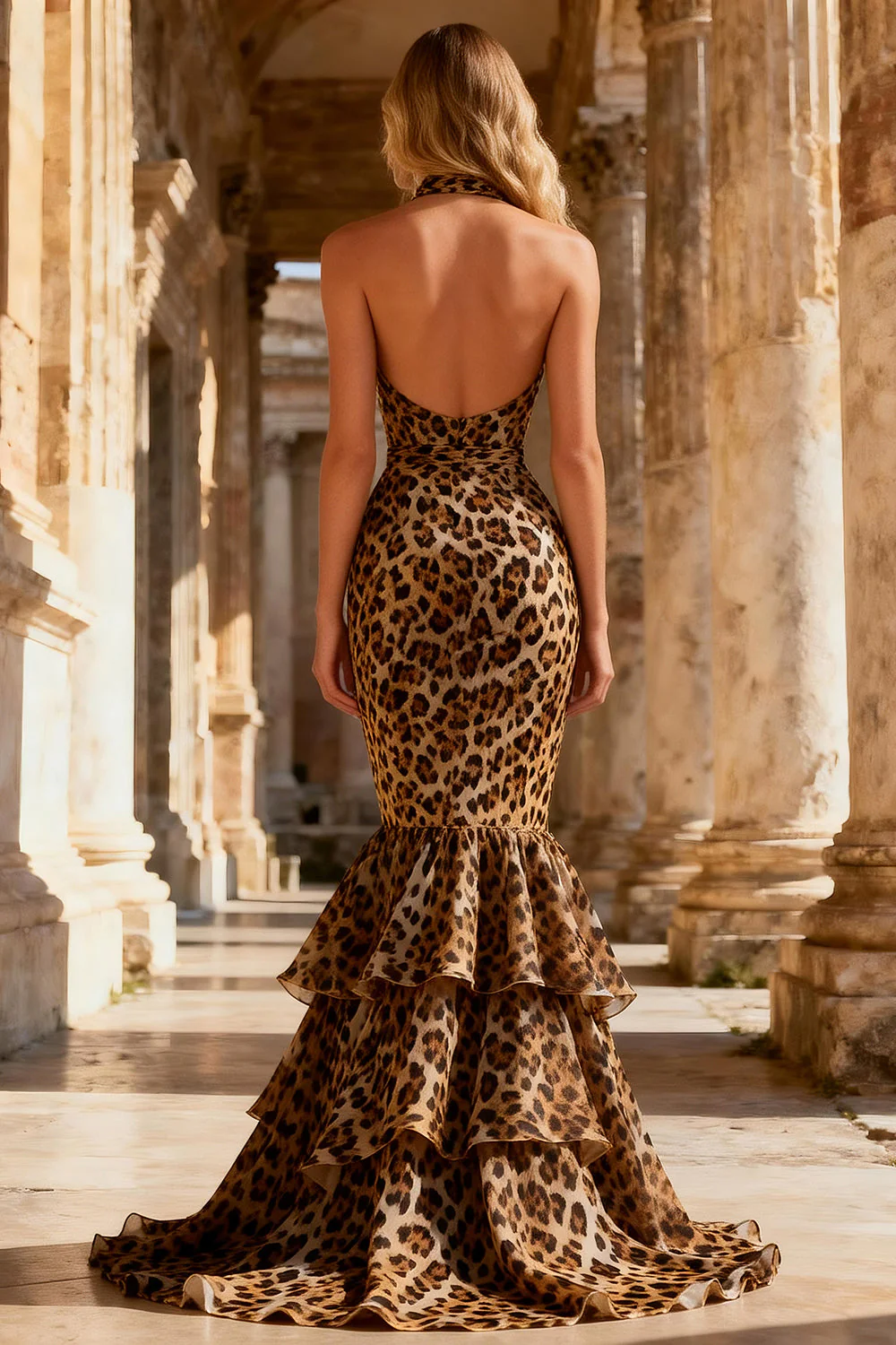 Robe longue de bal de bal longue en pantalon doyen sirène kaki en léopard liçu ouvert - Image 2