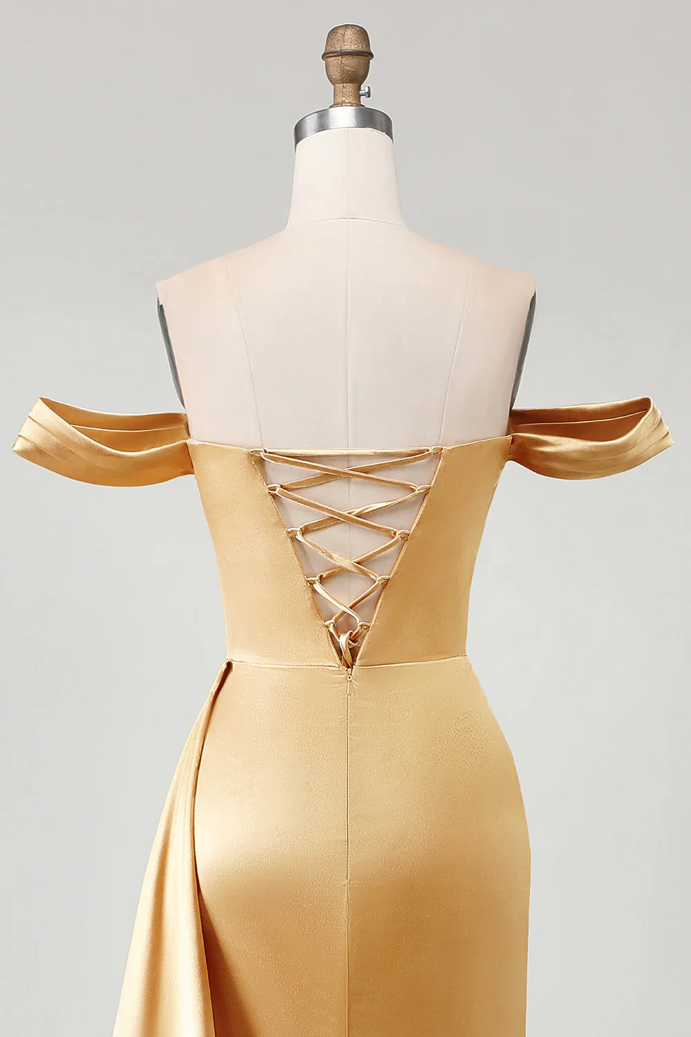 Robe longue de bal de bal satin bleu royal plissée aux perles dénudée d’épaules, sirène avec fente - Image 11