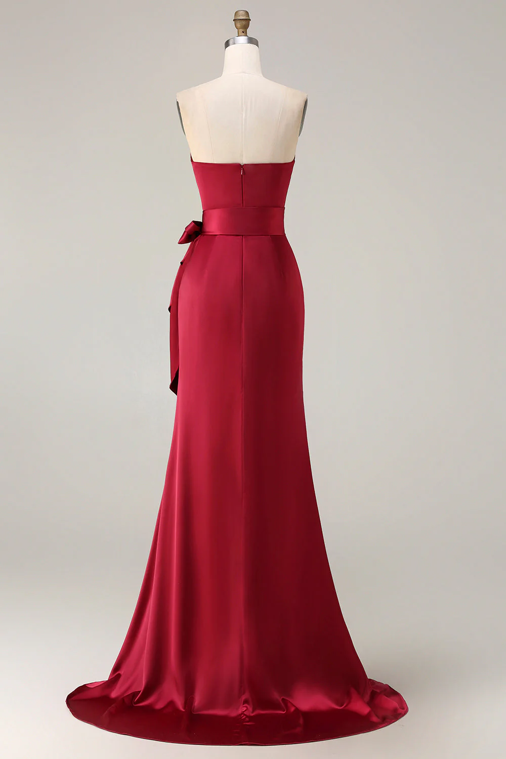 Robe longue de bal de bal satin satin sirène sans bretelles bordeaux avec serpentin - Image 10