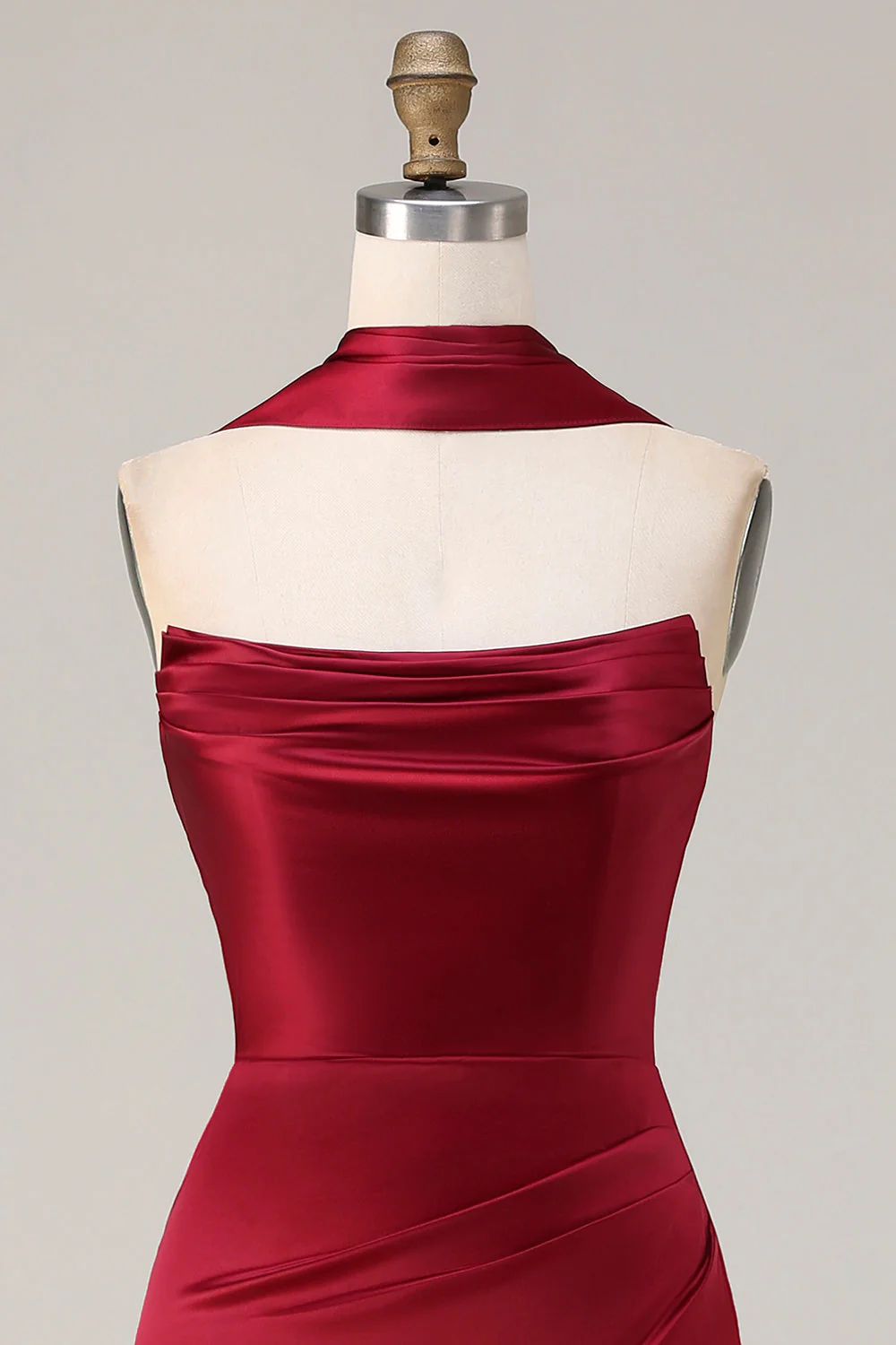 Robe longue de bal de bal satin satin sirène sans bretelles bordeaux avec serpentin - Image 11
