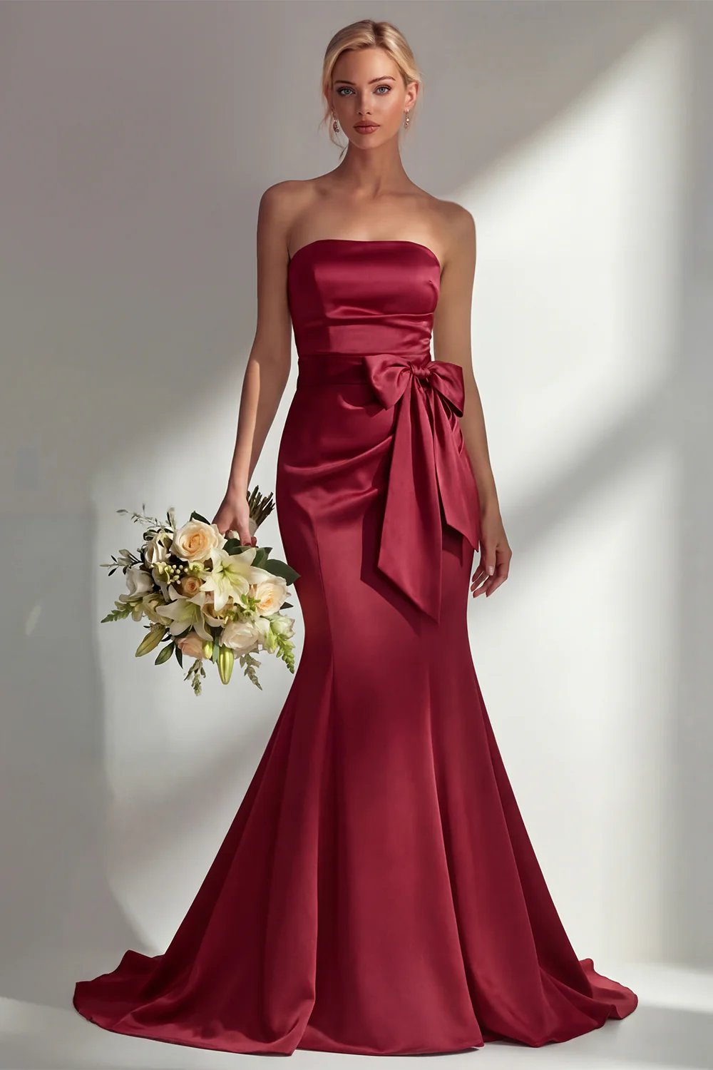 Robe longue de bal de bal satin satin sirène sans bretelles bordeaux avec serpentin - Image 16