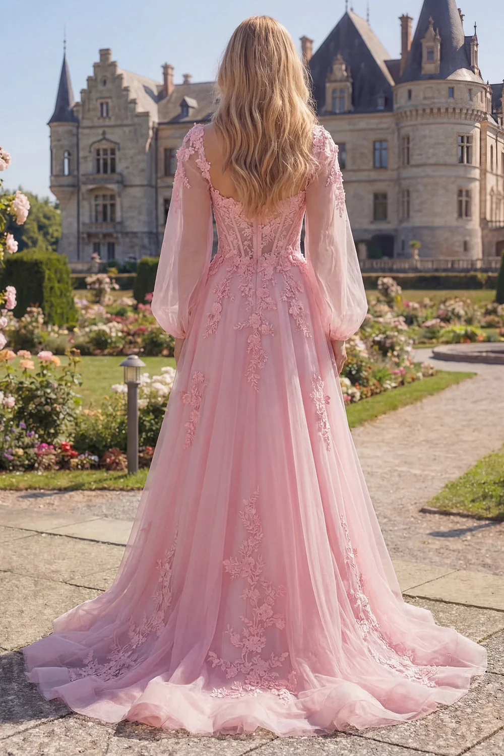 Robe longue de bal de fin d’année en corset transparent en fleurs roses, à manches longues - Image 2