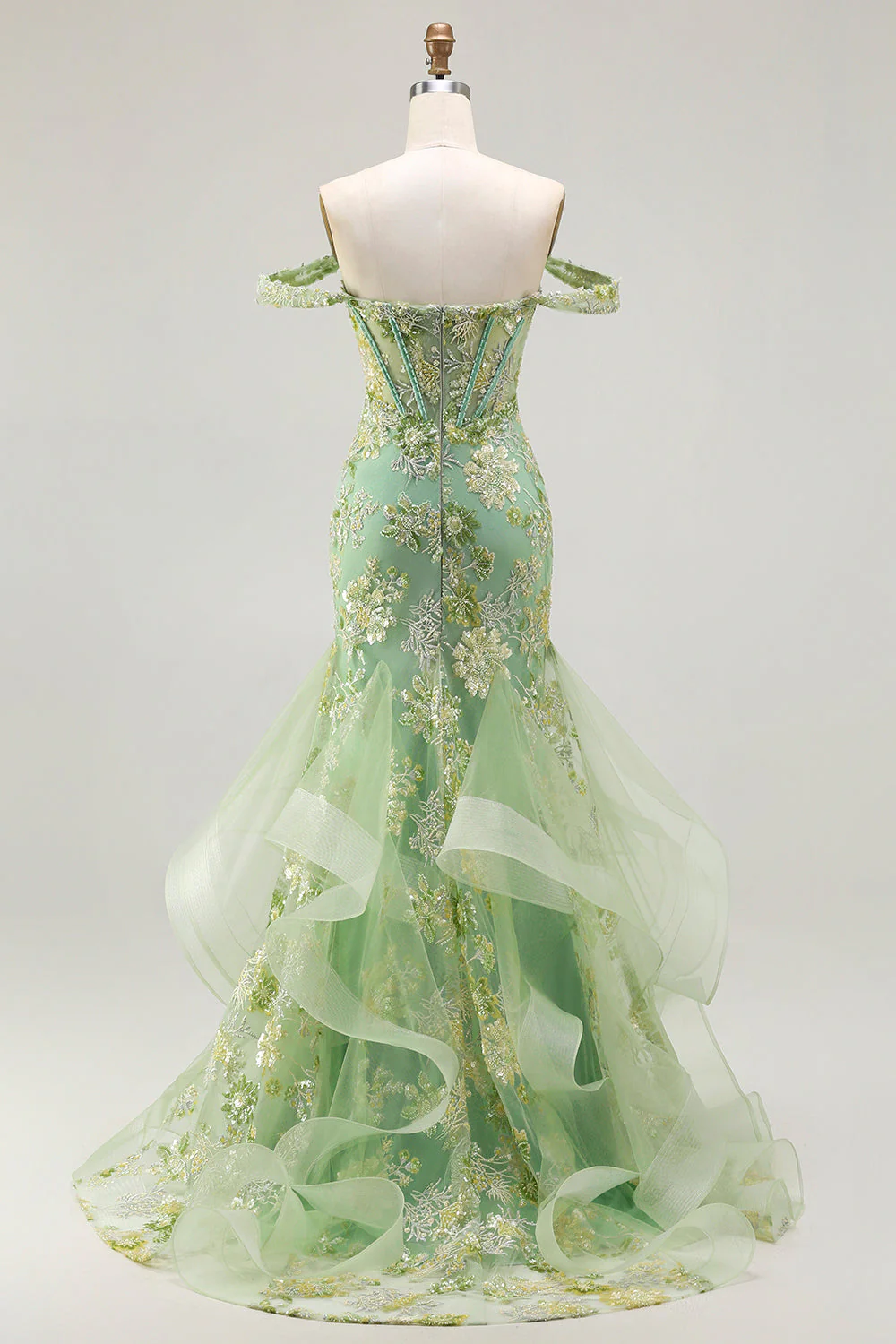 Robe longue de bal de promo à farçard à farçard à perles perlées à perles en corset appliqué avec des volants - Image 10
