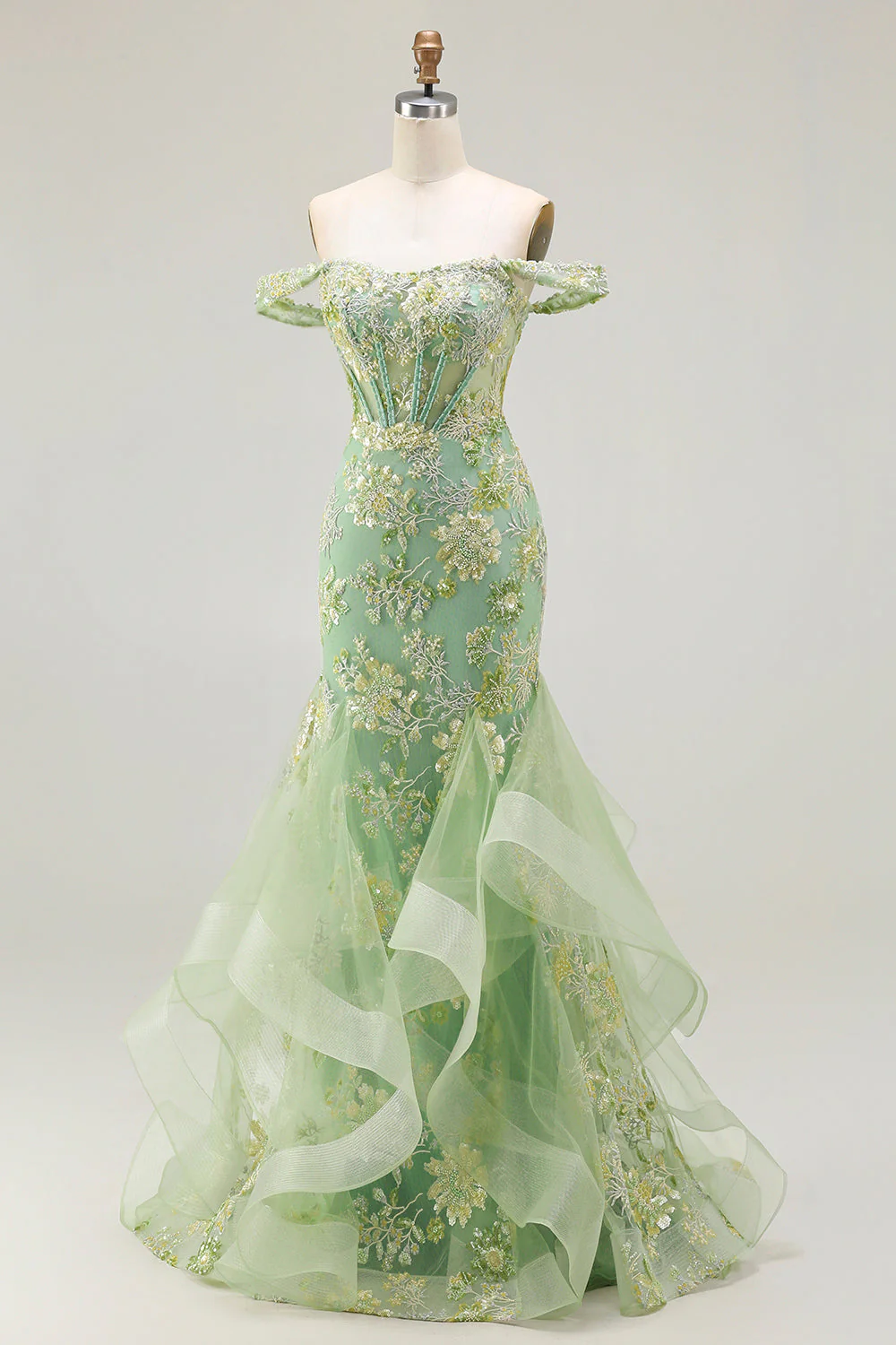Robe longue de bal de promo à farçard à farçard à perles perlées à perles en corset appliqué avec des volants - Image 11
