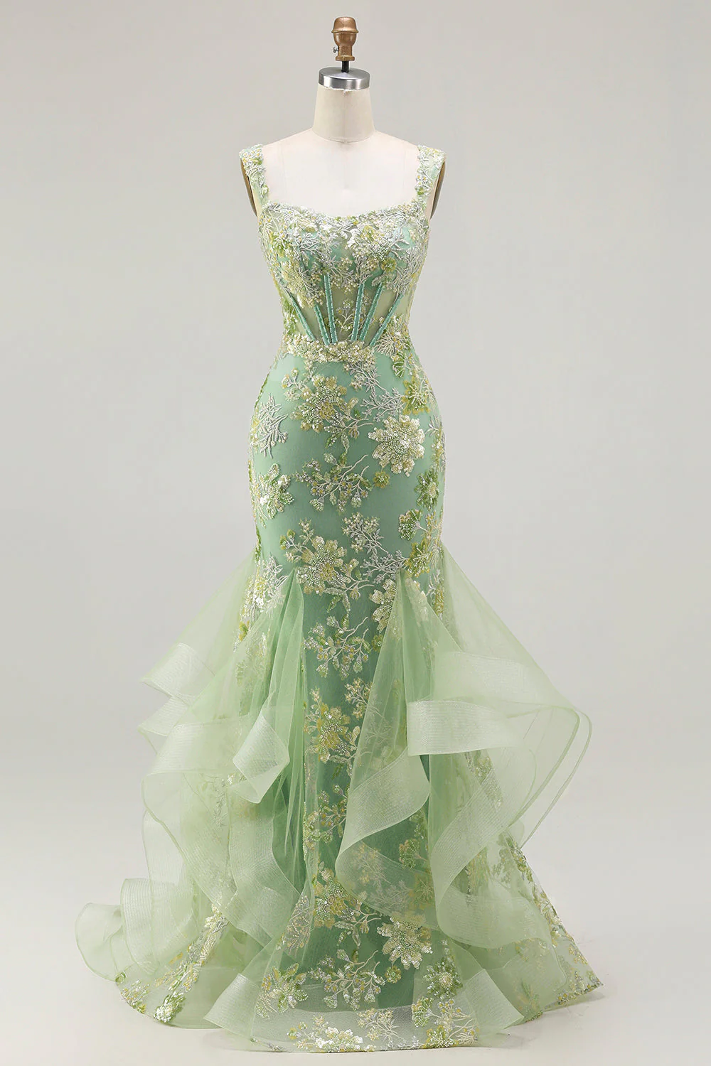 Robe longue de bal de promo à farçard à farçard à perles perlées à perles en corset appliqué avec des volants - Image 12