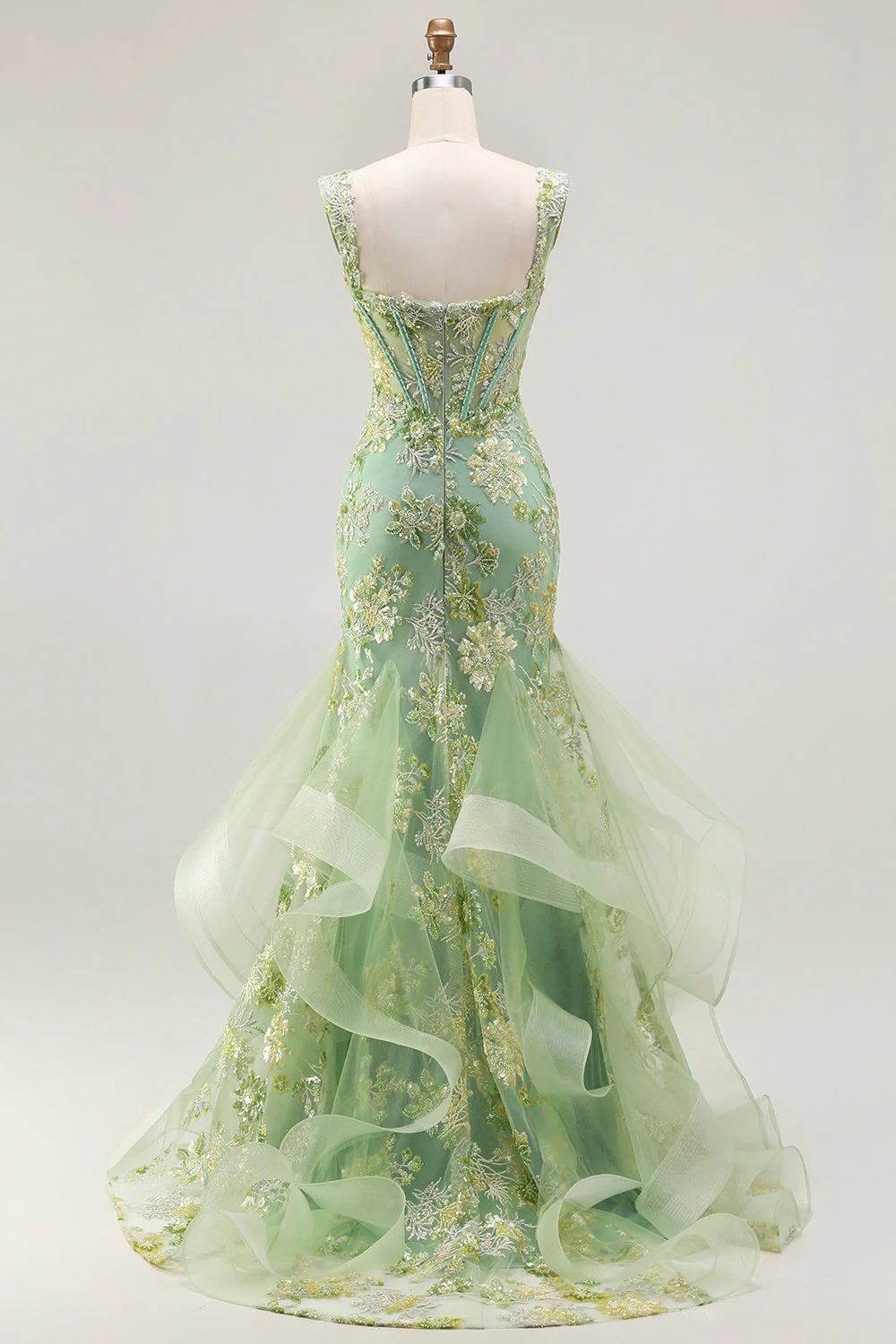 Robe longue de bal de promo à farçard à farçard à perles perlées à perles en corset appliqué avec des volants - Image 13