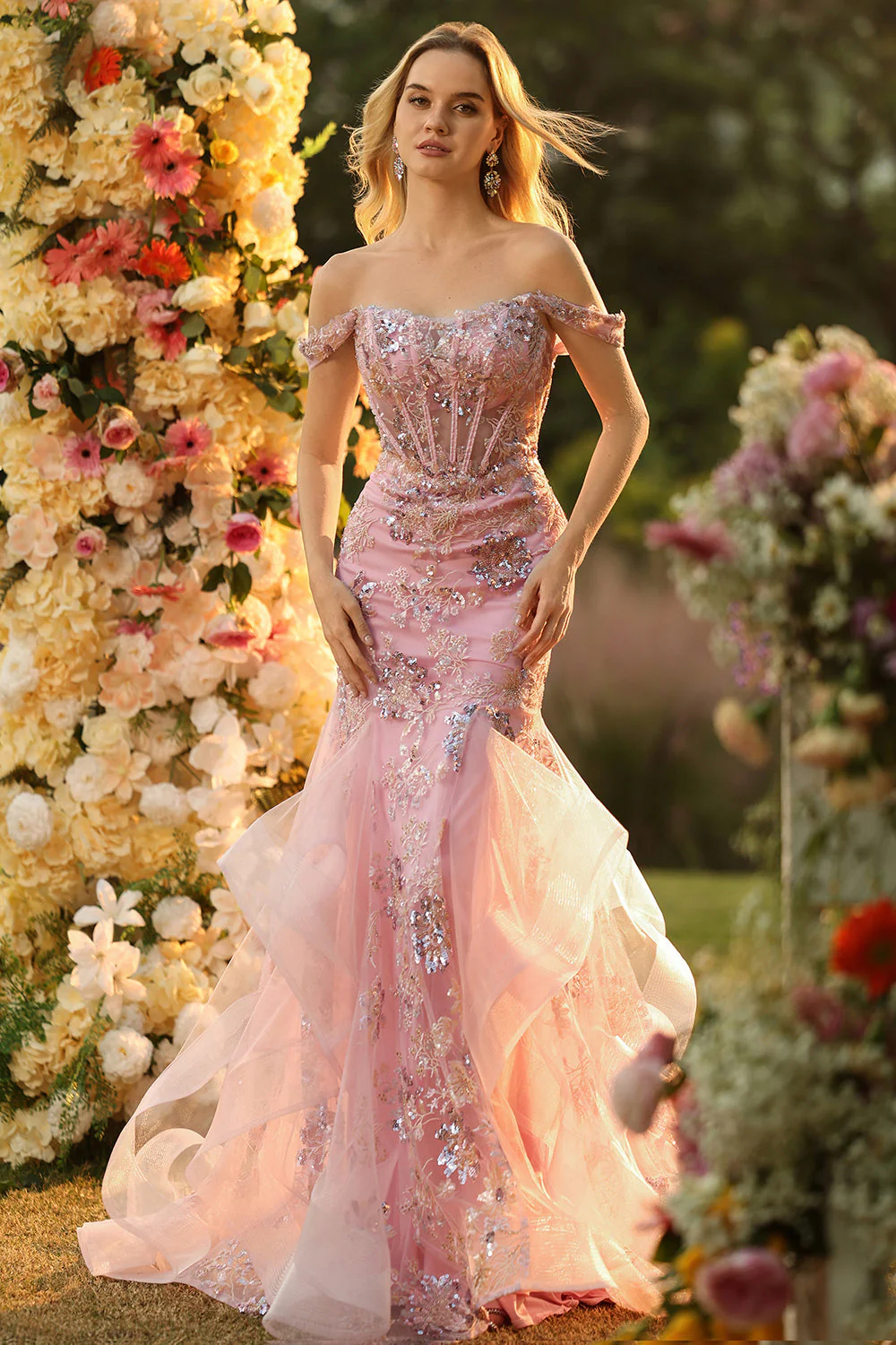 Robe longue de bal de promo à farçard à farçard à perles perlées à perles en corset appliqué avec des volants - Image 5