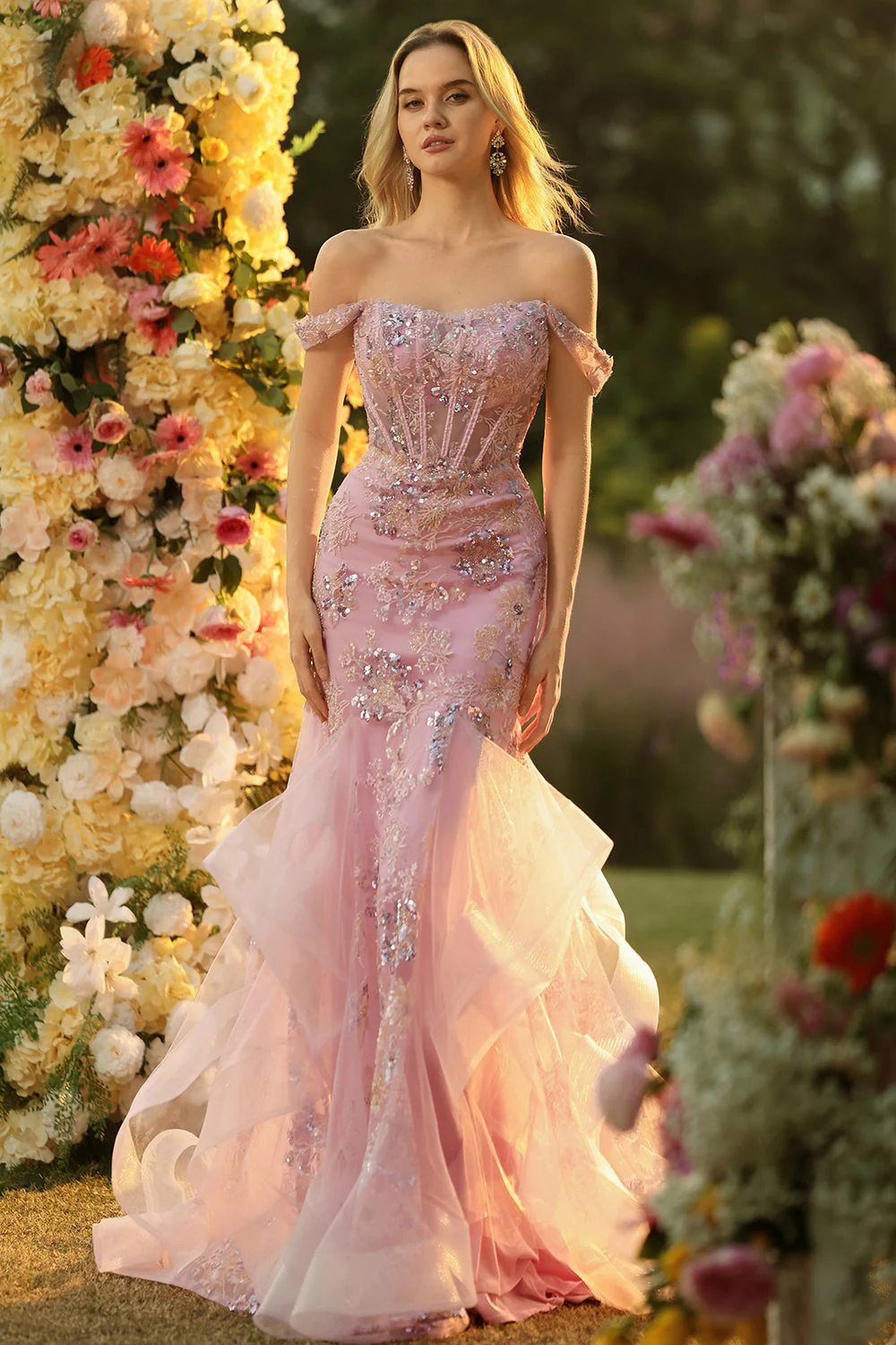 Robe longue de bal de promo à farçard à farçard à perles perlées à perles en corset appliqué avec des volants - Image 7