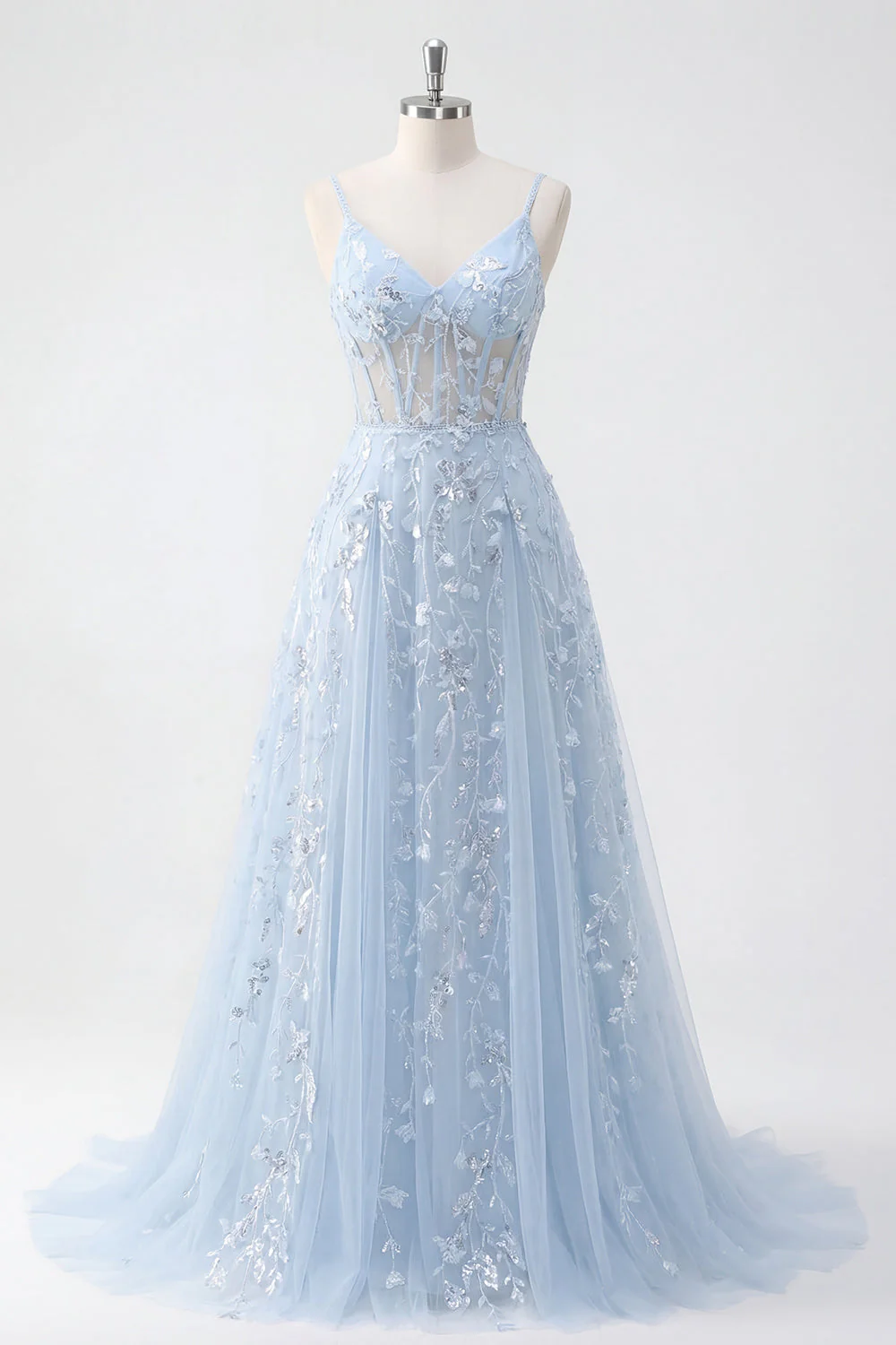 Robe longue de bal de promo à l’applique avec corset bleu à sequins A Line
