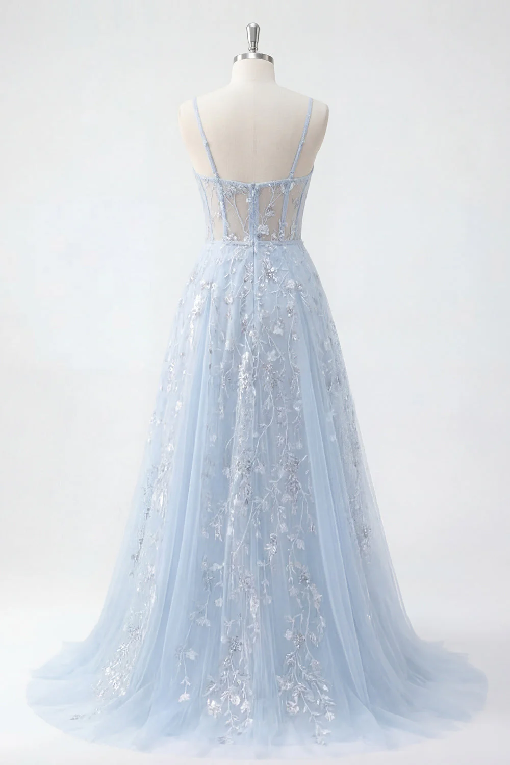 Robe longue de bal de promo à l’applique avec corset bleu à sequins A Line - Image 2