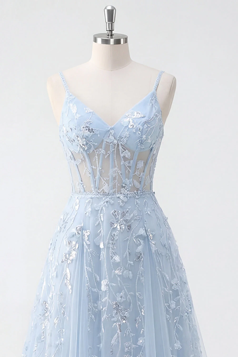 Robe longue de bal de promo à l’applique avec corset bleu à sequins A Line - Image 5