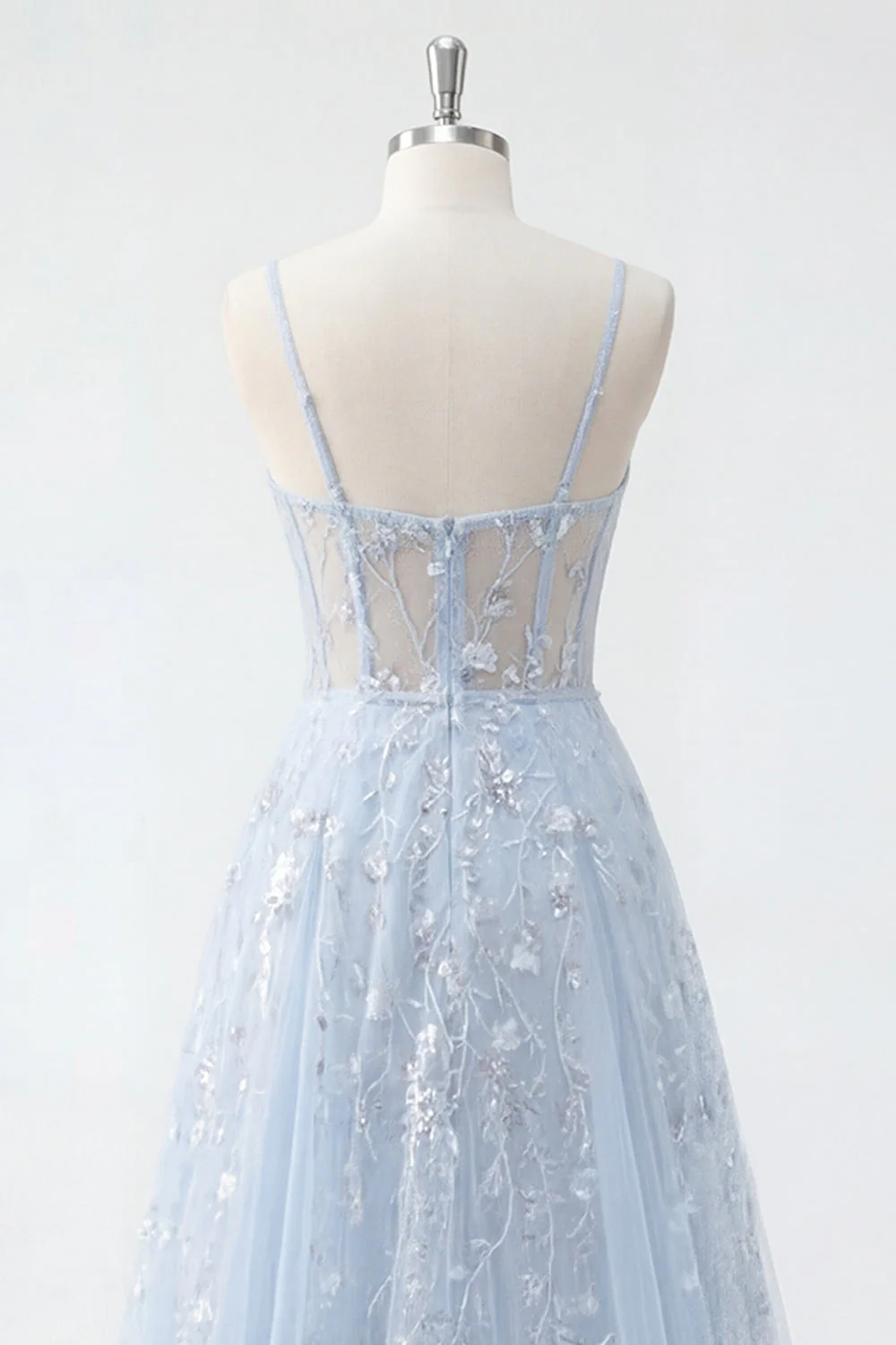 Robe longue de bal de promo à l’applique avec corset bleu à sequins A Line - Image 6
