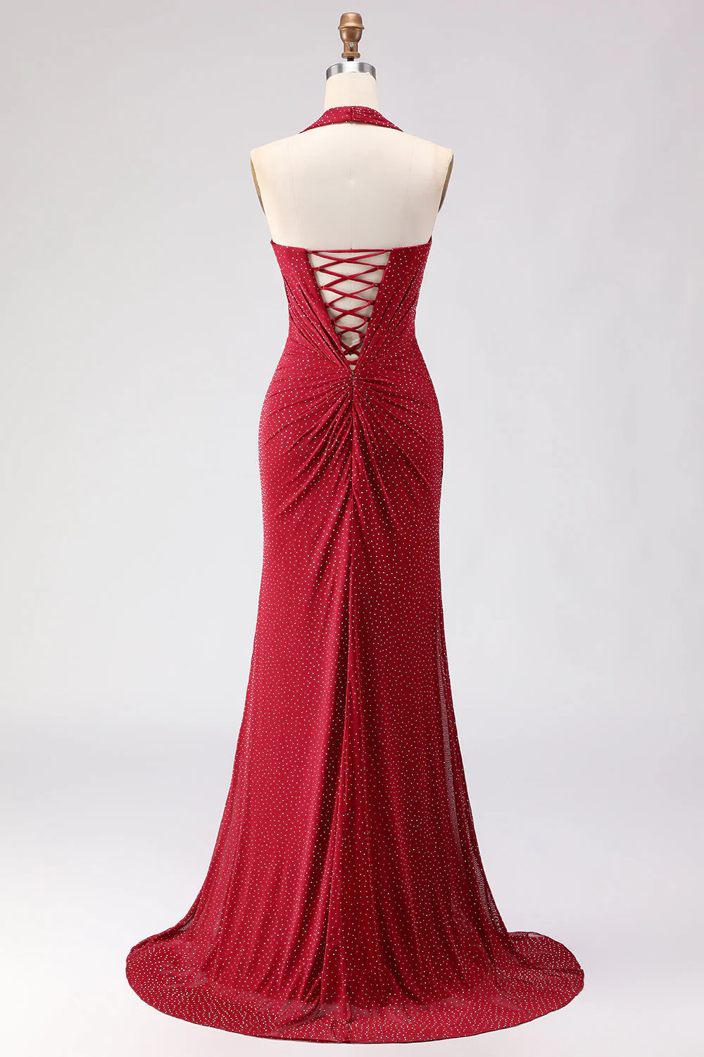 Robe longue de bal de promo à la longueur rouge foncé dors, dentelle de sirène perlée dans le dos - Image 2