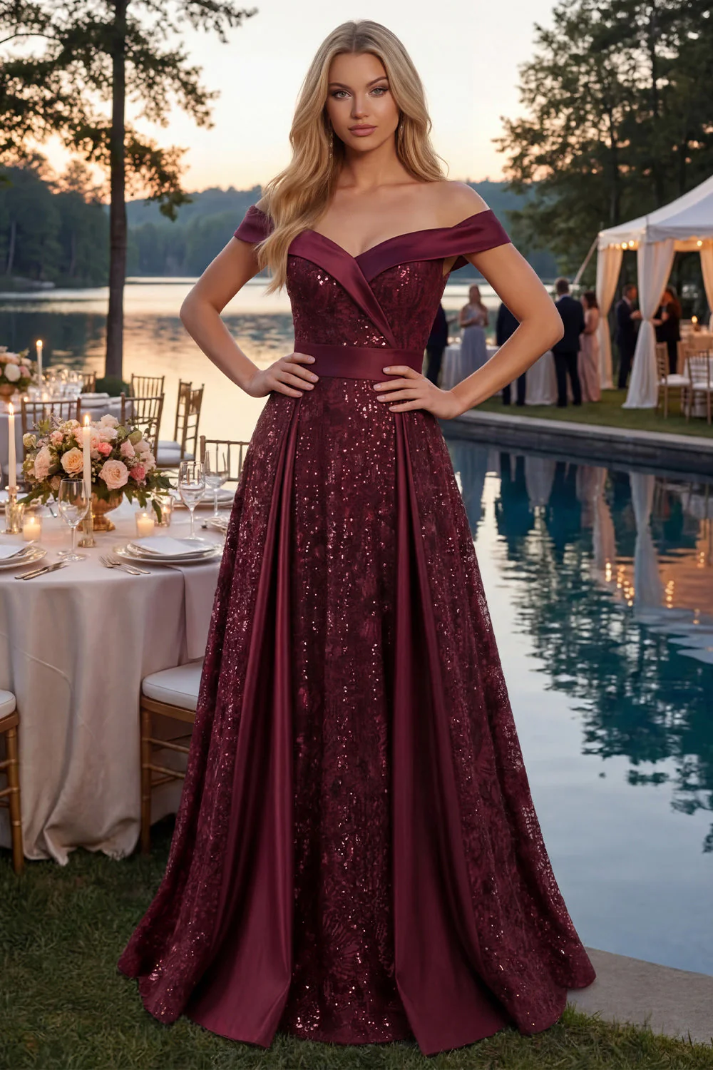 Robe longue de bal de promo à paillettes bourgogne dénudée