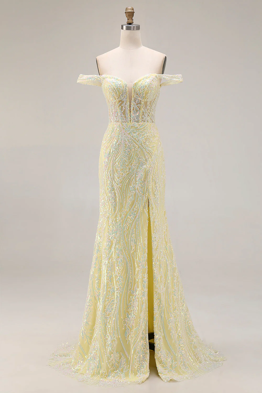 Robe longue de bal de promo à paillettes dénudées, sirène jaune clair avec fente
