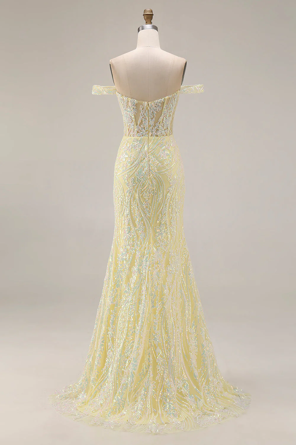 Robe longue de bal de promo à paillettes dénudées, sirène jaune clair avec fente - Image 2