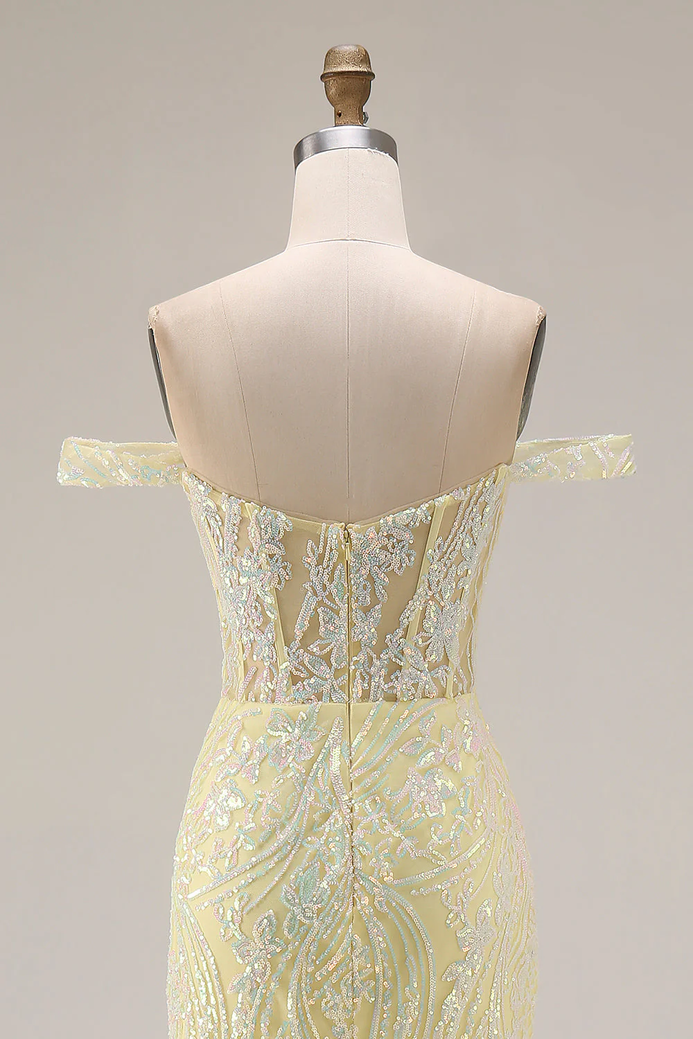 Robe longue de bal de promo à paillettes dénudées, sirène jaune clair avec fente - Image 5
