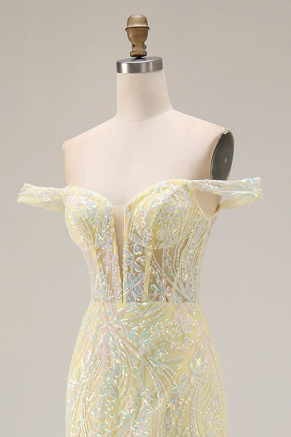 Robe longue de bal de promo à paillettes dénudées, sirène jaune clair avec fente - Image 6