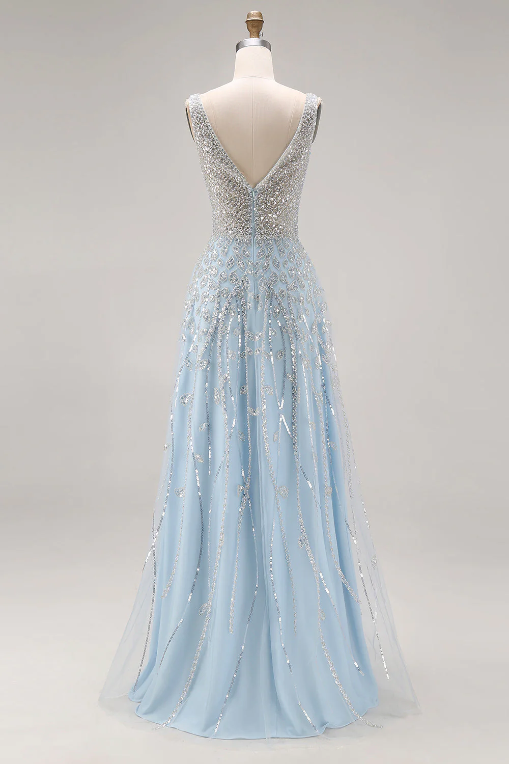Robe de soirée de promo longue bleu clair pailletée et perlée ligne A - Image 2