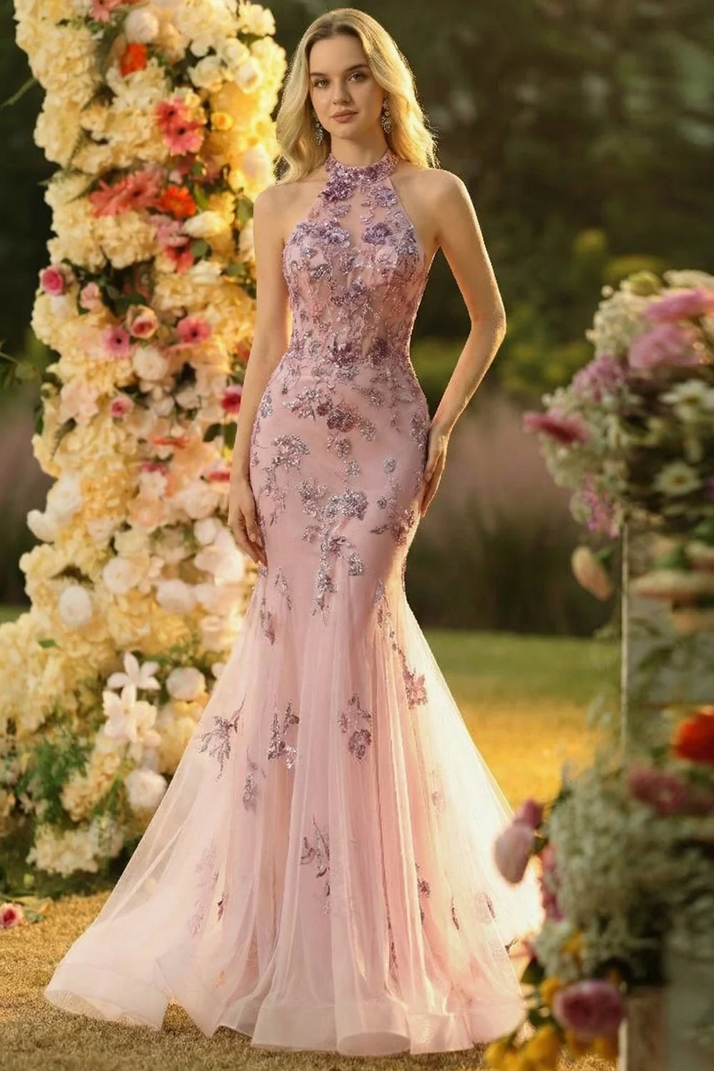 Robe longue de bal de promo brodée en tulle en style sirène en fard de fard à dos