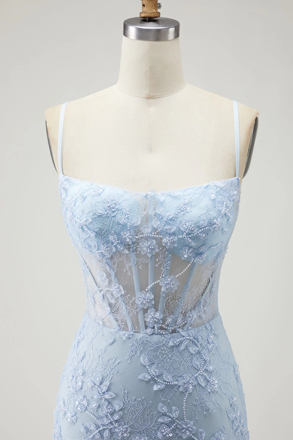 Robe longue de bal de promo en corset transparent en dentelle perlée à applique sirène bleue avec fente - Image 4