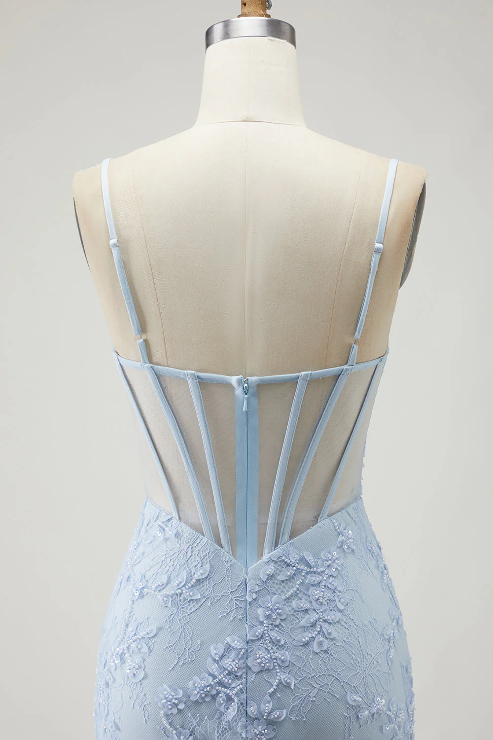 Robe longue de bal de promo en corset transparent en dentelle perlée à applique sirène bleue avec fente - Image 5