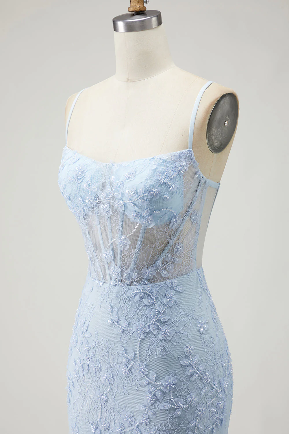 Robe longue de bal de promo en corset transparent en dentelle perlée à applique sirène bleue avec fente - Image 6