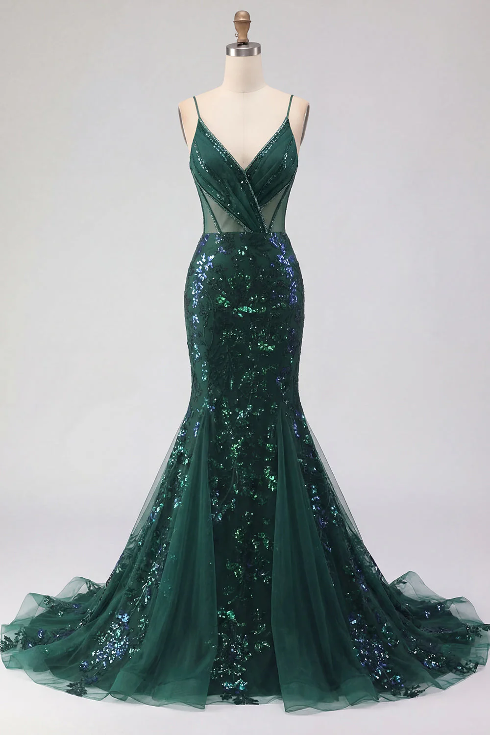 Robe longue de bal de promo en tulle à bretelles fines vert foncé scintillante vert foncé