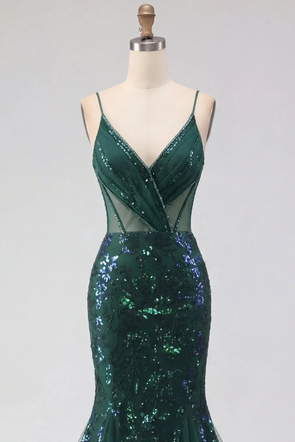 Robe longue de bal de promo en tulle à bretelles fines vert foncé scintillante vert foncé - Image 5